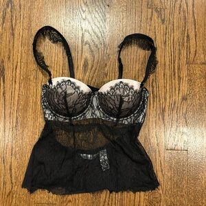 Delicates Corset Bustier Women small Black Pink Lace Up Satin Ribbon Grunge Chic